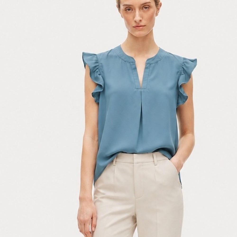 Zenana Dusty Blue Ruffle Sleeve Split Neck Blouse Careerwear Office Medium